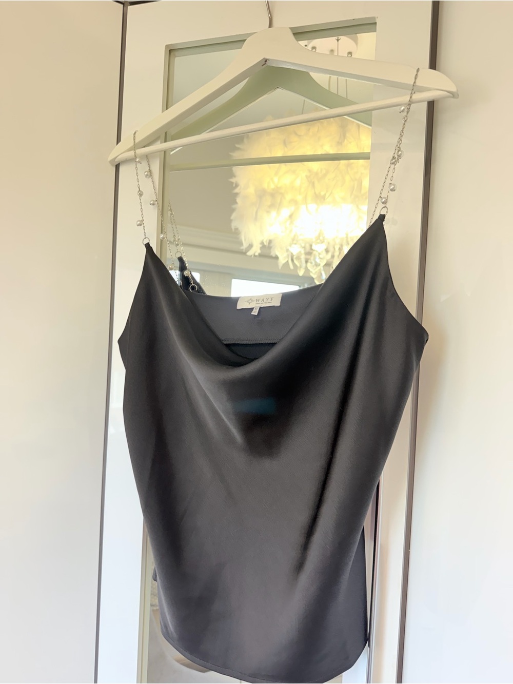 Black Satin Cowl Neck Slip Dress with Chain Straps